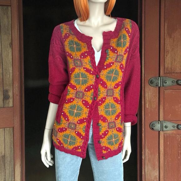 Vintage Evan Picone Hand Knit Cardigan Sweater Red Gold Button Up - Picture 1 of 7